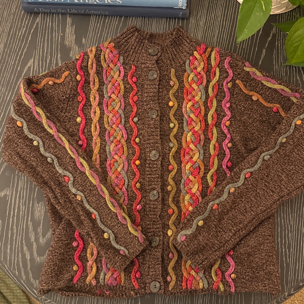Vintage Talbots Brown 3D Multicolor Cable  Cotton Lambswool Csrdigan Sweater LP